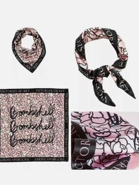 Victoria's Secret Satin Square Scarf Floral Logo Pink Black White 25inches nwt.